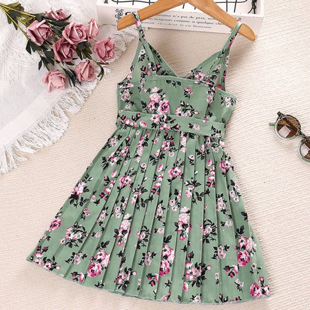 

kpoplk Girls Dresses Girl s Casual Dress Summer Sleeveless Suspender Floral Flowy Print Plain Tutu Dresses For Toddler Girls(Green)