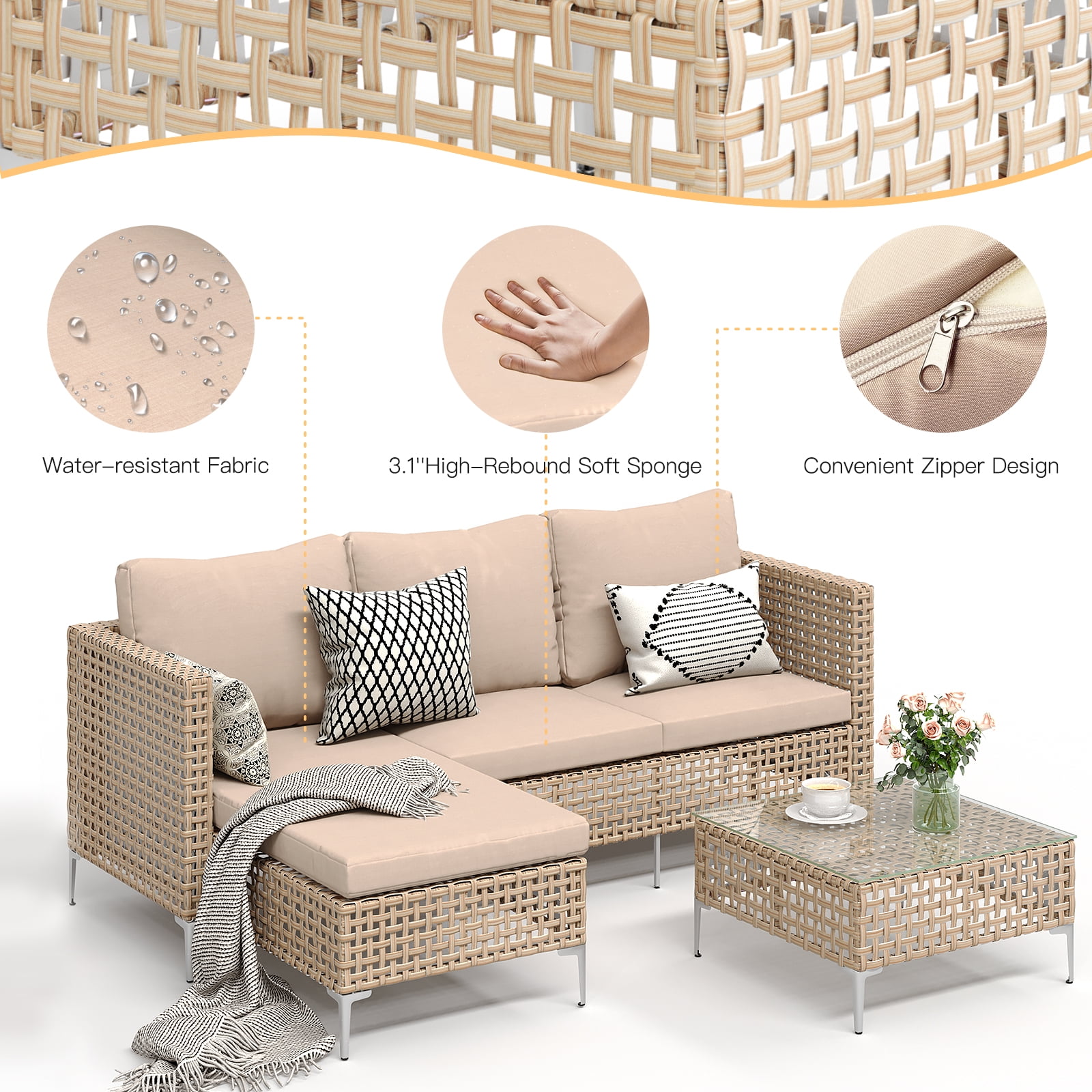 ZXRLHX 3PCS Outdoor Patio Furniture Set,Chaise Longue with Couch & Coffee Table, Outdoor Wicker Conversation Set.