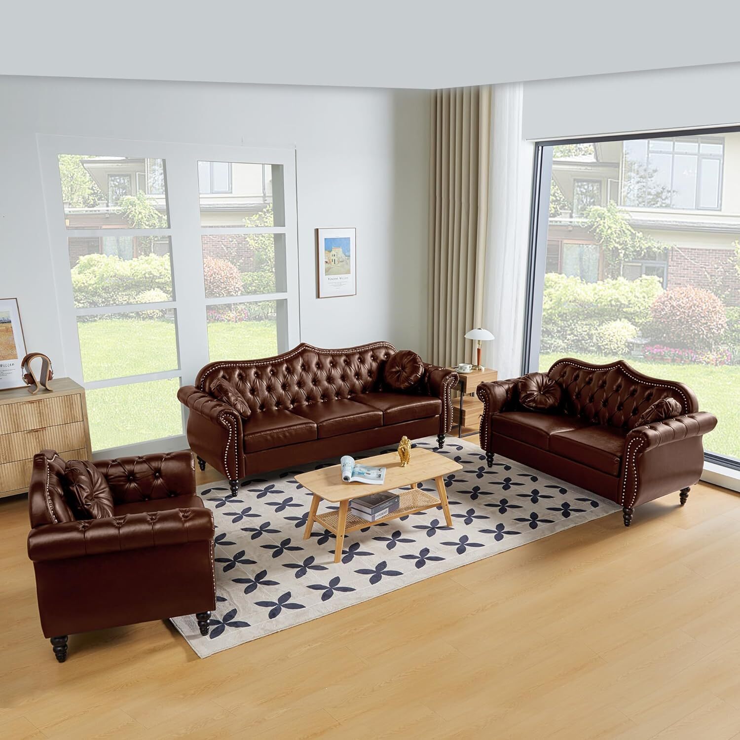 Giratree Living Room Furniture Sets, Chesterfield 3 Piece Sofa Set, Faux Leather Couch, Brown