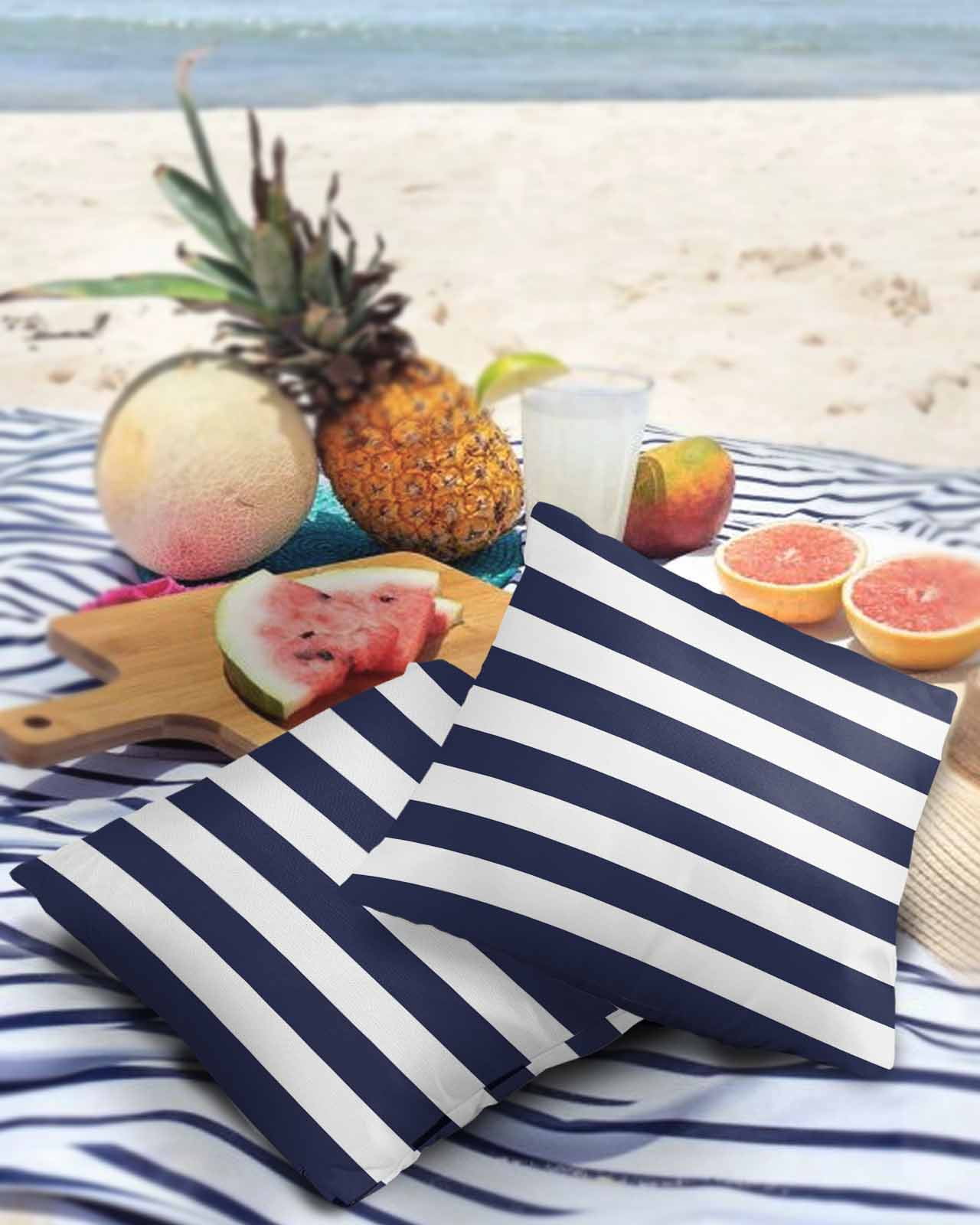 Pack of 2 Outdoor Pillow Covers, Navy Blue White Stripe Waterproof Square Throw Pillowcase Cushion Decorative Pillow Covers for Couch Patio Tent, 16x16 in