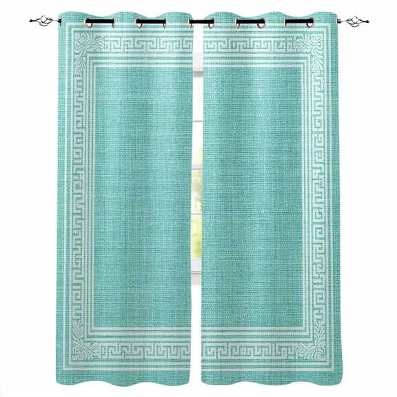 Turquoise Geometric Blackout Curtains for Bedroom, White Greek Key Design Burlap Modern Art Room Darkening Window Drapes for Living Room, Thermal Insulated Grommet Curtains, 52x54 inch, 2 Panels