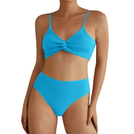 HABDGIKS Womens Bikini Swimsuits Set Summer High Waisted Solid Sexy Bra Triangle Ruched Halter Backless Push Up Swimming Wear Split Swimsuit