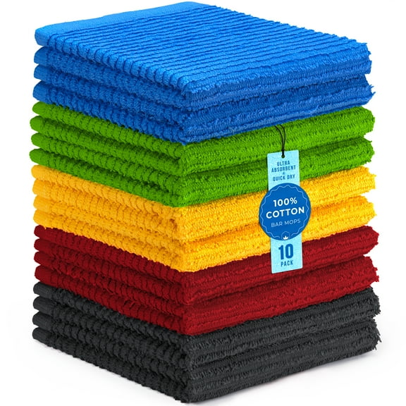 DecorRack 100% Cotton Bar Mop Towels, Kitchen Dish Cloths, Multi-Purpose Cleaning Towels, Ultra Absorbent, Machine Washable, Quick Dry, Vibrant Assortment (Pack of 10)