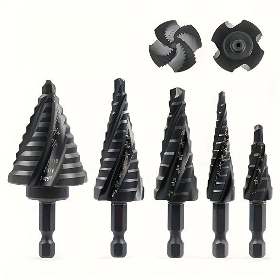 5PCS M35 Step Drill Bit Set & High-Speed Steel Kit With Impact Ready Unibit With 1/4" Hex Shank-Surface CoatingAluminum Titanium Oxide, An Extra Chamfering Tool Is Included