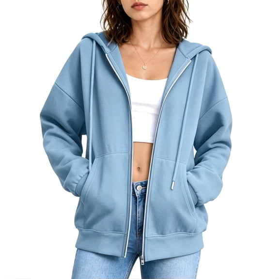 Edvintorg Oversized Hoodies for Women Long Sleeve Loose Casual Sweatshirt Drawstring Zip up Hooded Top with Pocket Women’S Clothing Light Blue M