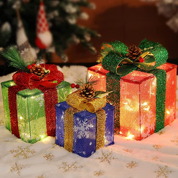 Christmas Lighted Gift Boxes Set of 3, Red Green Blue Light Up