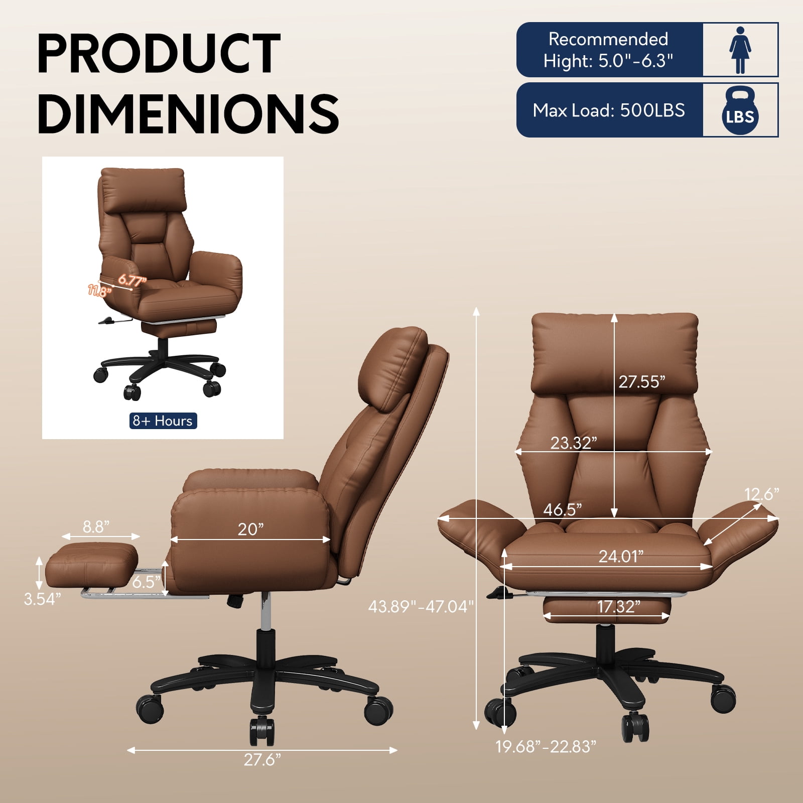 iooHug Criss Cross Office Chair, Big and Tall 500lbs High Back Faux Leather Desk Chair with Footrest, Wide Seat Cross-Legged Reclining Chair with Reversible Armrests and Lumbar Support, Brown