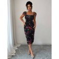 thumbnail image 6 of Black Womens Elegant Floral Mesh Ruffle Waist Midi Dress For Wedding Party Date Spring Summer, 6 of 6