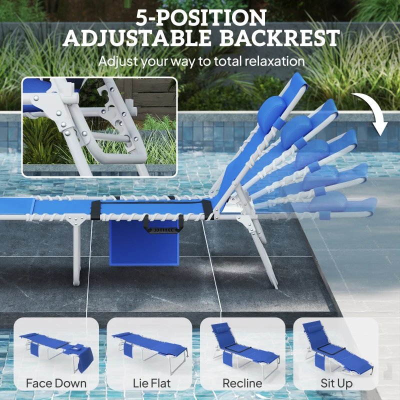 Stable Pool Lounge Chairs Set of 2 Tanning Chairs with Folding Side Tables Face Arm Holes 5 Position Adjustable Backrest Breathable Mesh Carry Strap Outdoor Patio Beach Loungers