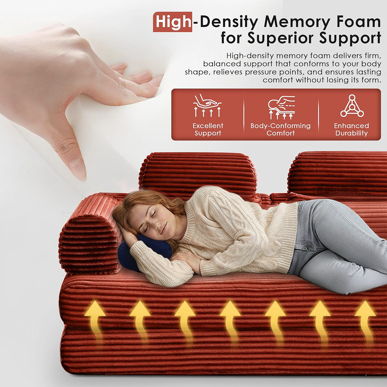 Xiweot Cloud Sectional Couch for Living Room, Memory Foam Sectional Sofa with Deep Seat, Corduroy Floor Mattress Couch, No Assembly Required (Orange)
