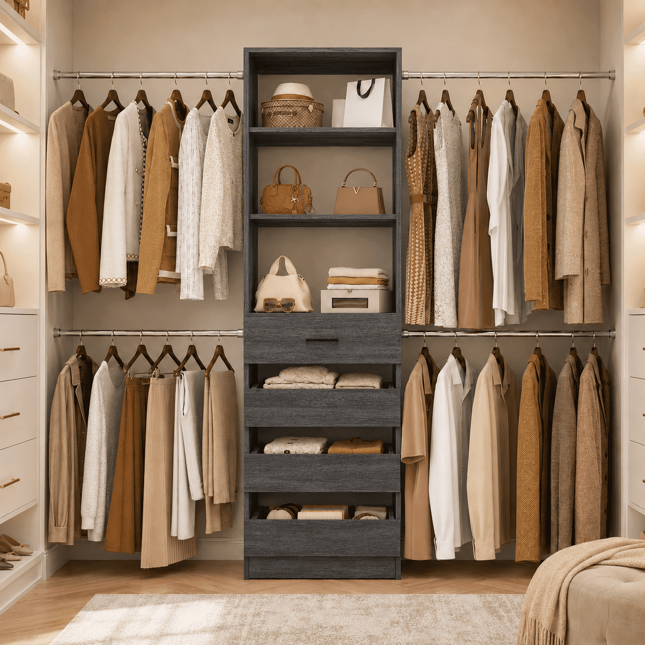 Homieasy 4-9 Ft Adjustable Wooden Closet Organizer System with 4 Drawers, 4 Hanging Rods & Shelving Towers - Heavy Duty Walk-in Wardrobe Rack, Space-Saving Design, Easy Assembly,Gray Oak