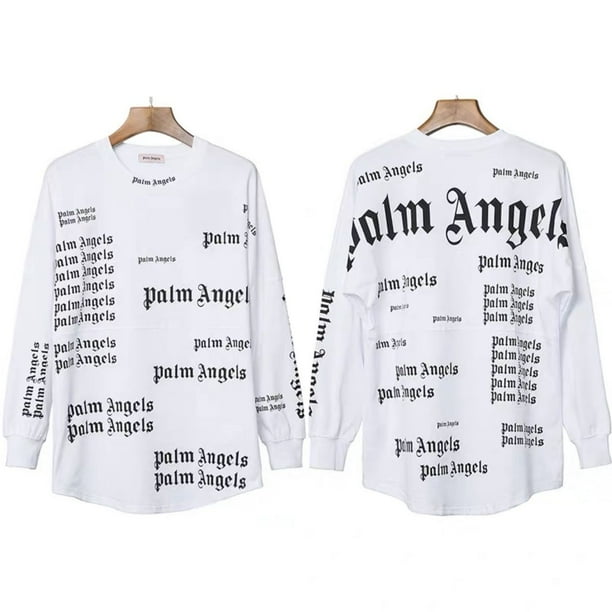 Nuevo Producto de Palm, camiseta de manga larga con letras sánscritas de Palm Angels impresas en la parte posterior para hombres y mujeresCuerpo entero estampado blanco.