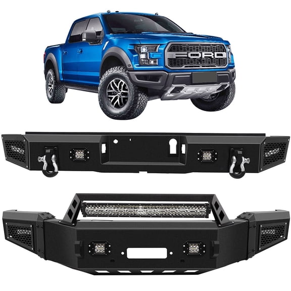 cciyu Upgraded Textured Black Front & Rear Bumper Compatible for 2018-2020 for Ford F-150 Heavy Duty Steel Bumper with D-ring and LED Lights(Excluding Raptor)