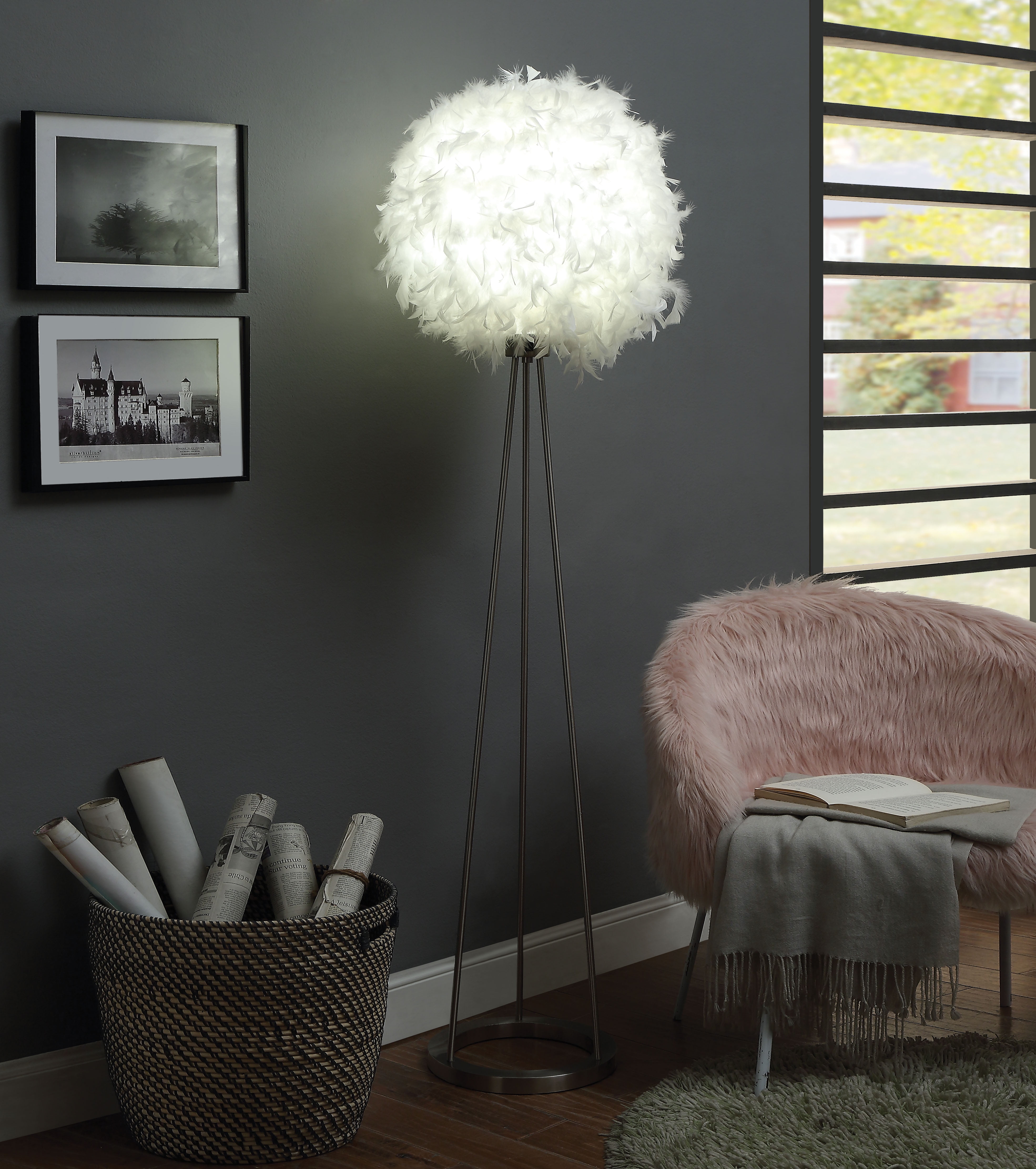 70 Inch Metal Floor Lamp With Feather Globe Shade, Silver