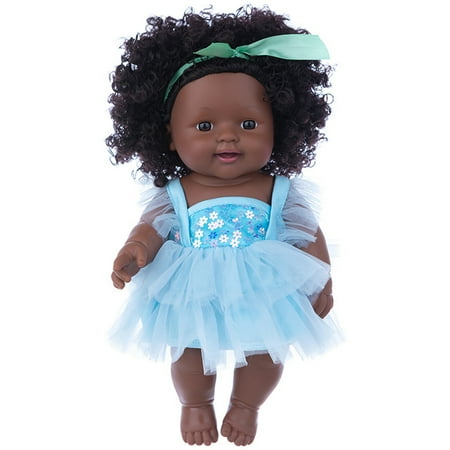 

New Realistic Black Skin African Black Baby Cute Curly Hair Lace Skirt 12 INCH Vinyl Baby Toy Kids Birthday Gift Festival Present