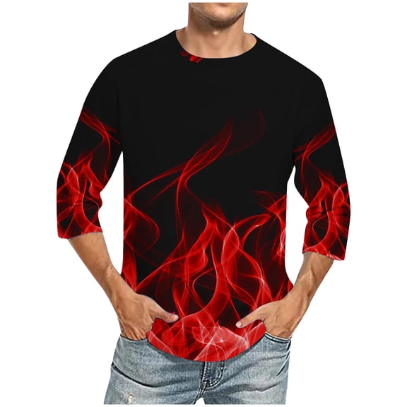 QQAMB T-Shirts for Men 3/4 Sleeve Frame Graphic Print Crewneck Loose Casual Blouse Tops Red 4XL