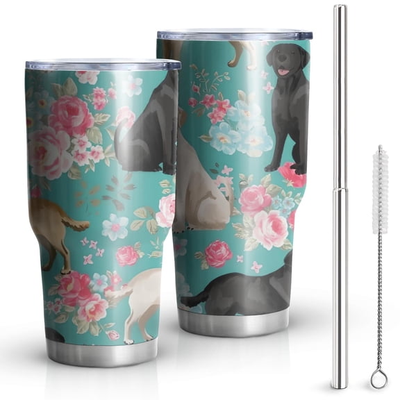 30oz Labrador Dogs with Pioneer Flower Tumblers Stainless Steel Tumbler with Lid and Straw,Vacuum Insulated Double Wall Travel Tumbler Cups Mug with Cleaning Brush for Coffee,Tea