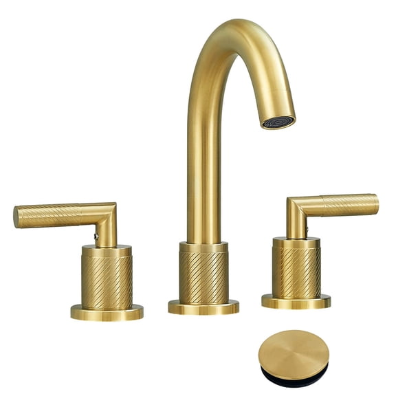 JERFIT 8-inch Widespread Bathroom Sink Faucet with Drain, Brushed Gold 2-Handle Deck Mount for 3-Hole Vanity, 360° Swivel Spout