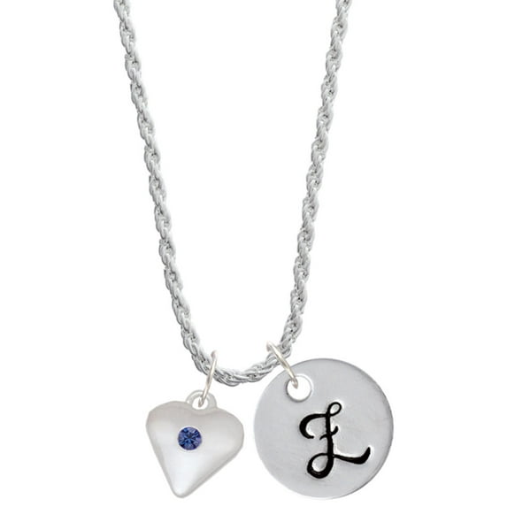 Delight Jewelry Silvertone Large September - Blue Crystal Heart Silvertone Script Initial Disc - Z - Charm Necklace, 20"+3"