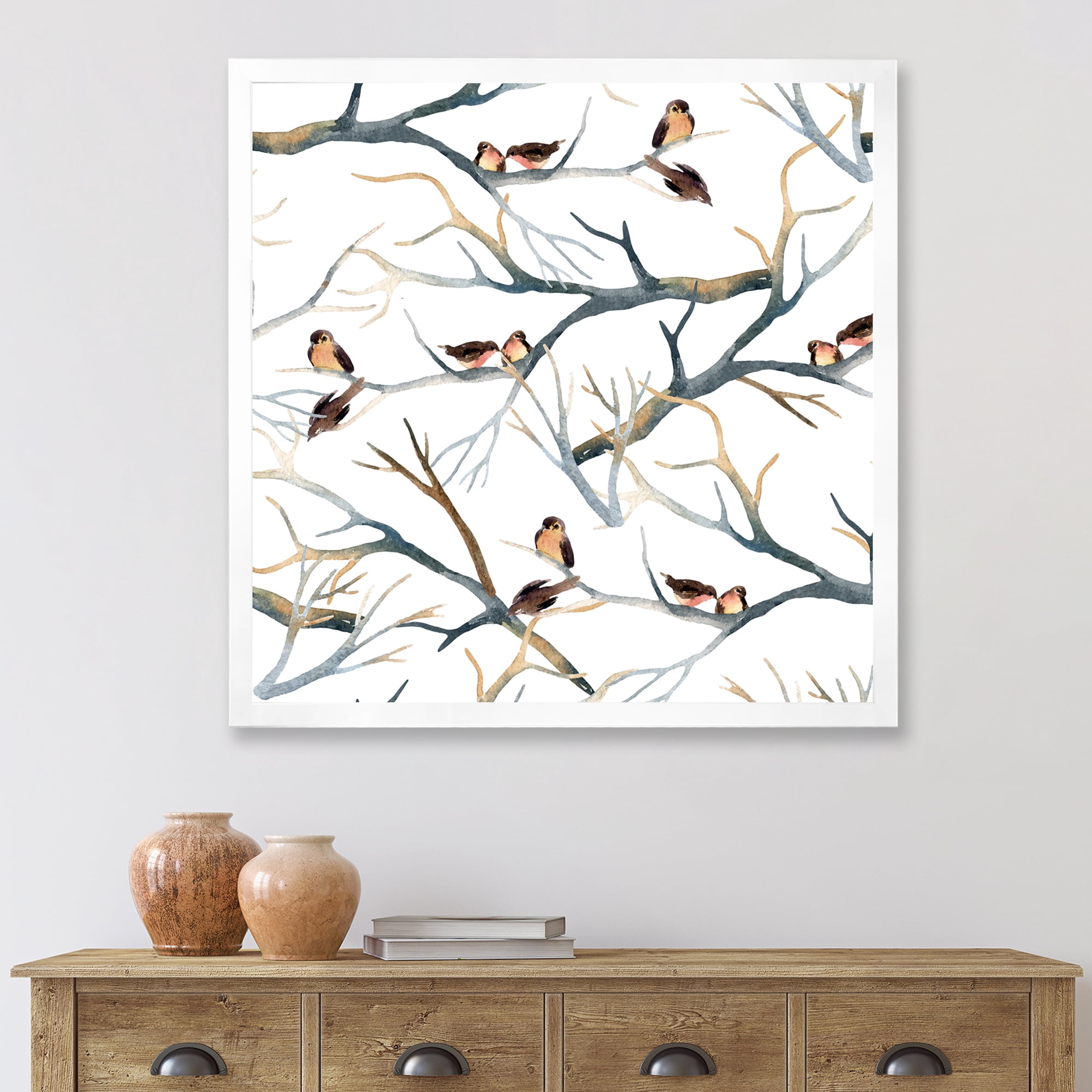 Designart 'Little Birds Sitting On The Tree Branches I' Traditional Framed Art Print