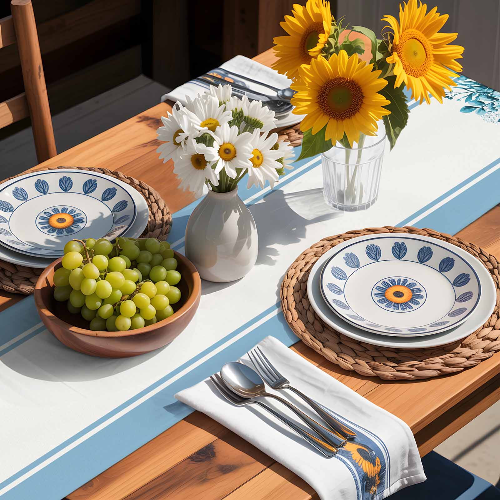 Country Teal Flower Botanical Table Runner 90 Inches Long, Modern Watercolor Stripes Table Runners Tabletop Scarf Kitchen Dining Tables Decoration for Home Party Indoor Outdoor