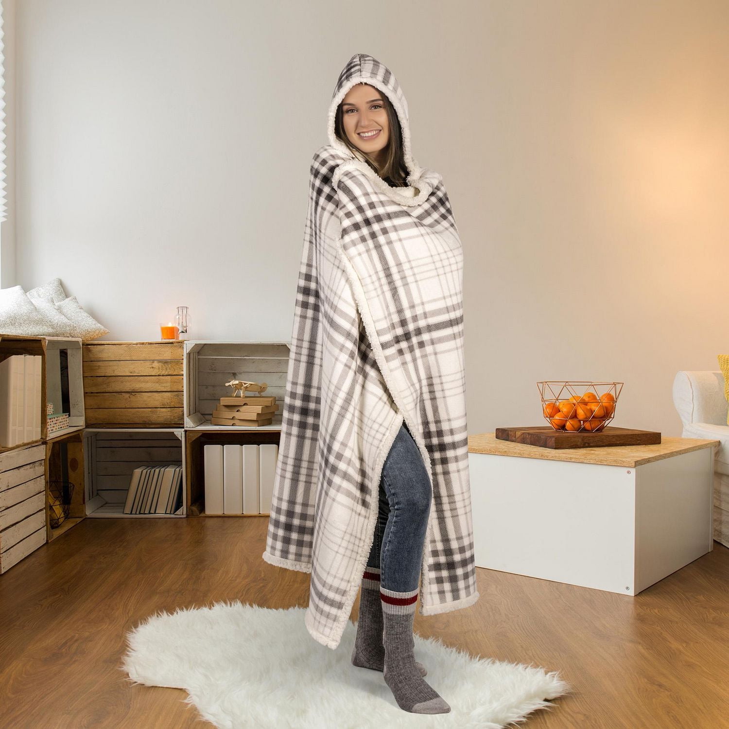 Safdie & Co. Premium Ultra Soft Flannel Hoodzy Hooded Throw Blanket with Sherpa Grey Plaid