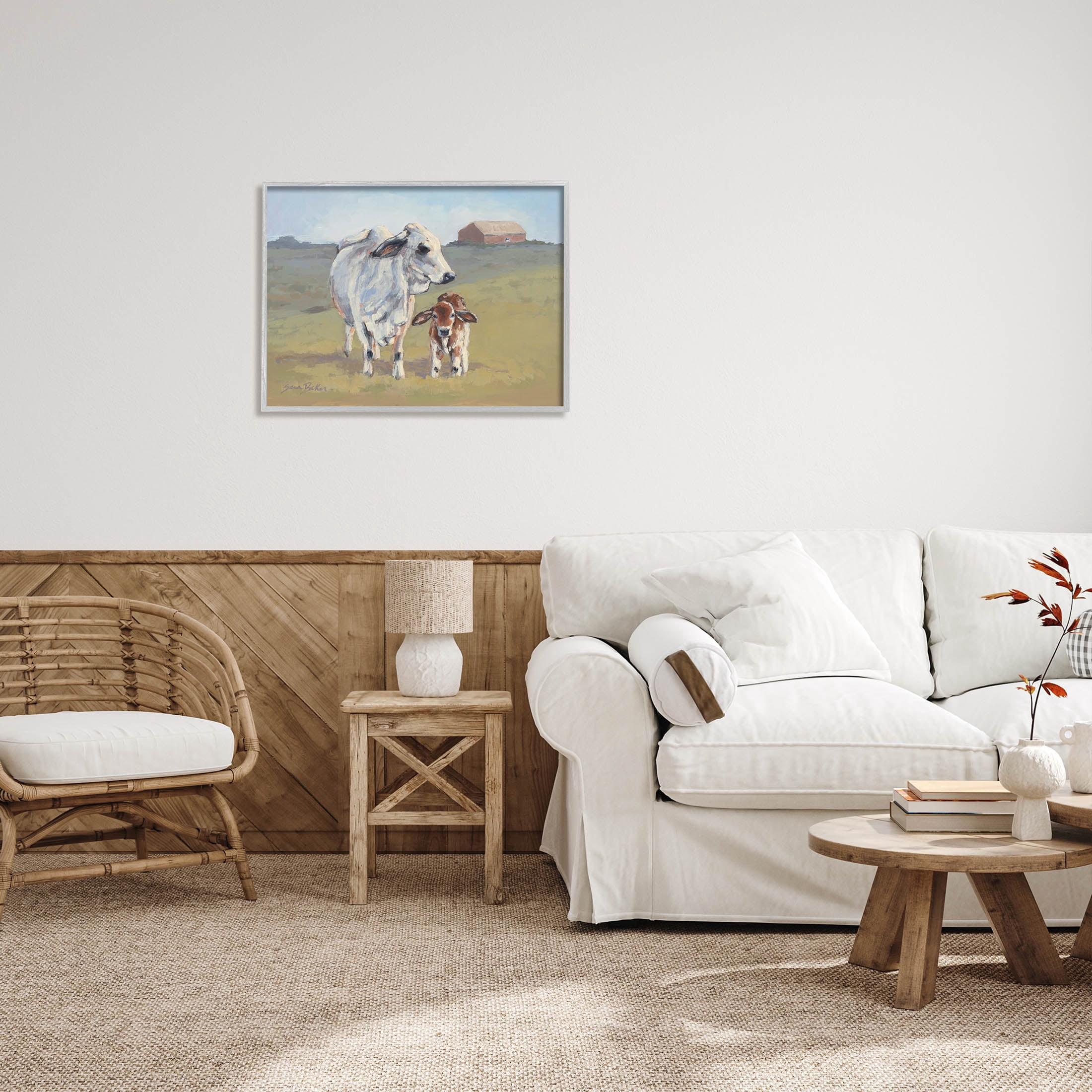 Baby Cow Family Farm Portrait Animals & Insects Painting Gray Framed Art Print Wall Art