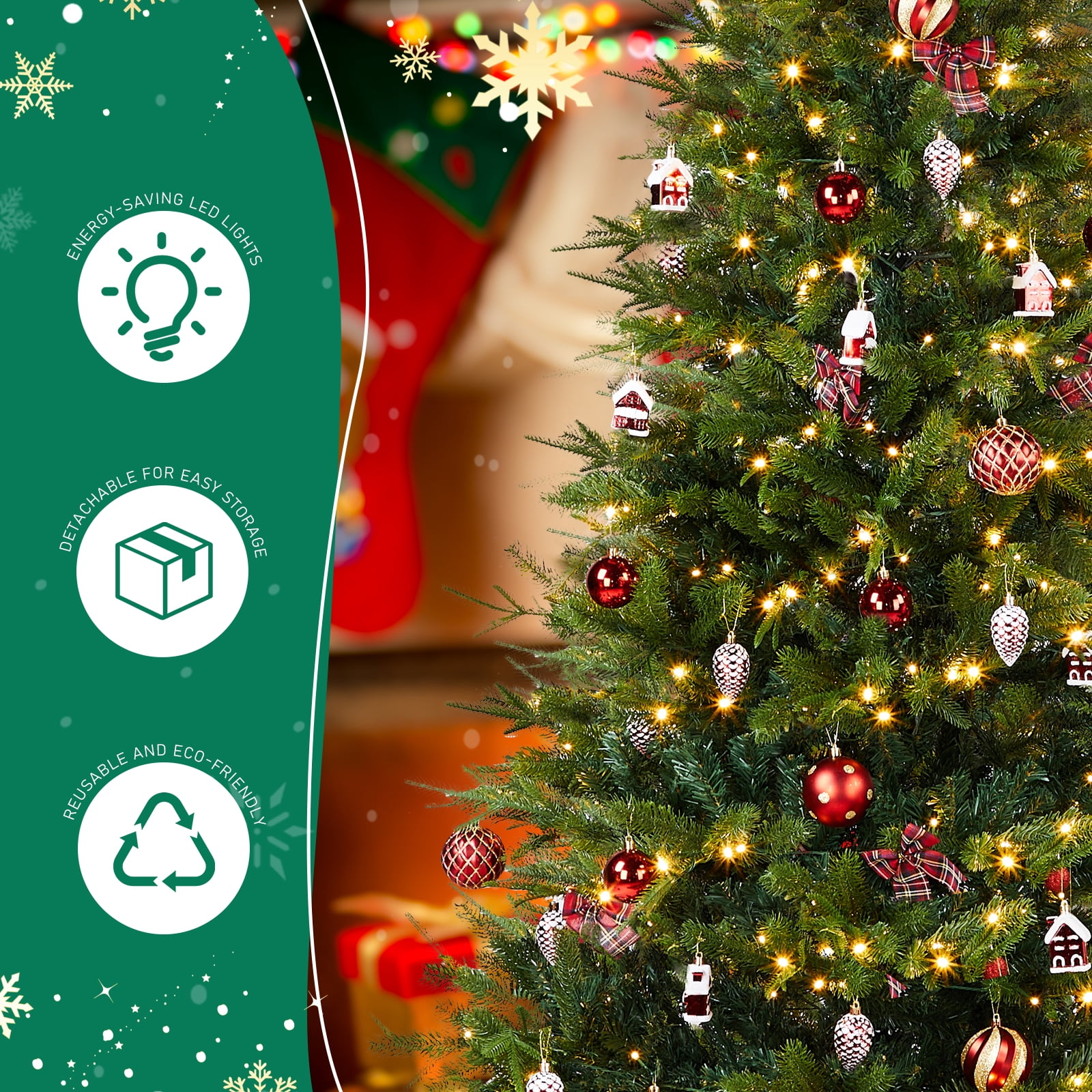 Astoutdoor 7.5 ft Artificial Christmas Tree with 400 Warm White LED Lights, Hinged Pine Tree with Tree Skirt and Ornaments, Green