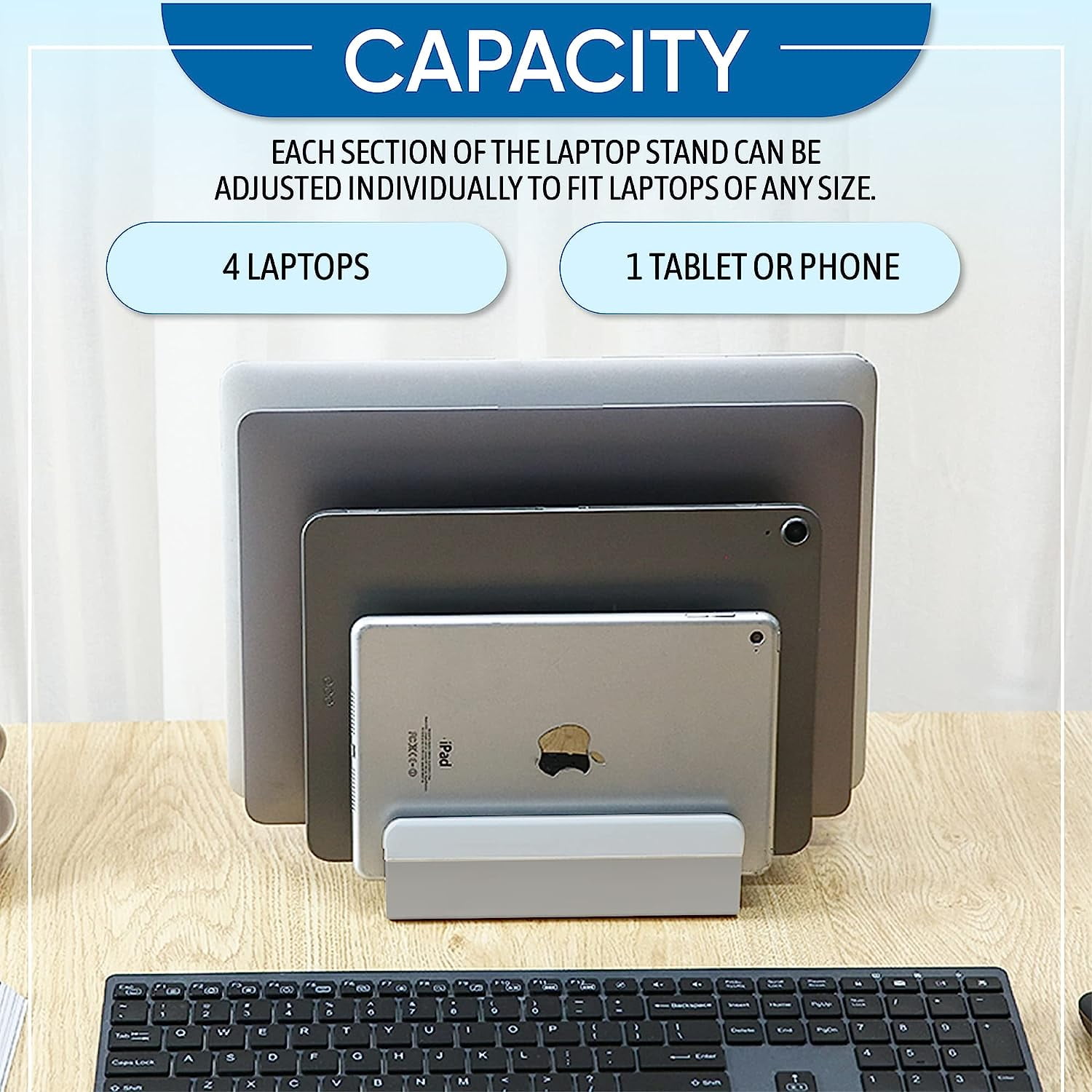 5-Slot Vertical Laptop Stand - Aluminum Laptop Stand Vertical for Desk -Laptop Holder with Adjustable Width (12-38mm) Compatible with MacBook Pro/Air & Gaming Laptops up to 17.3"-Grey