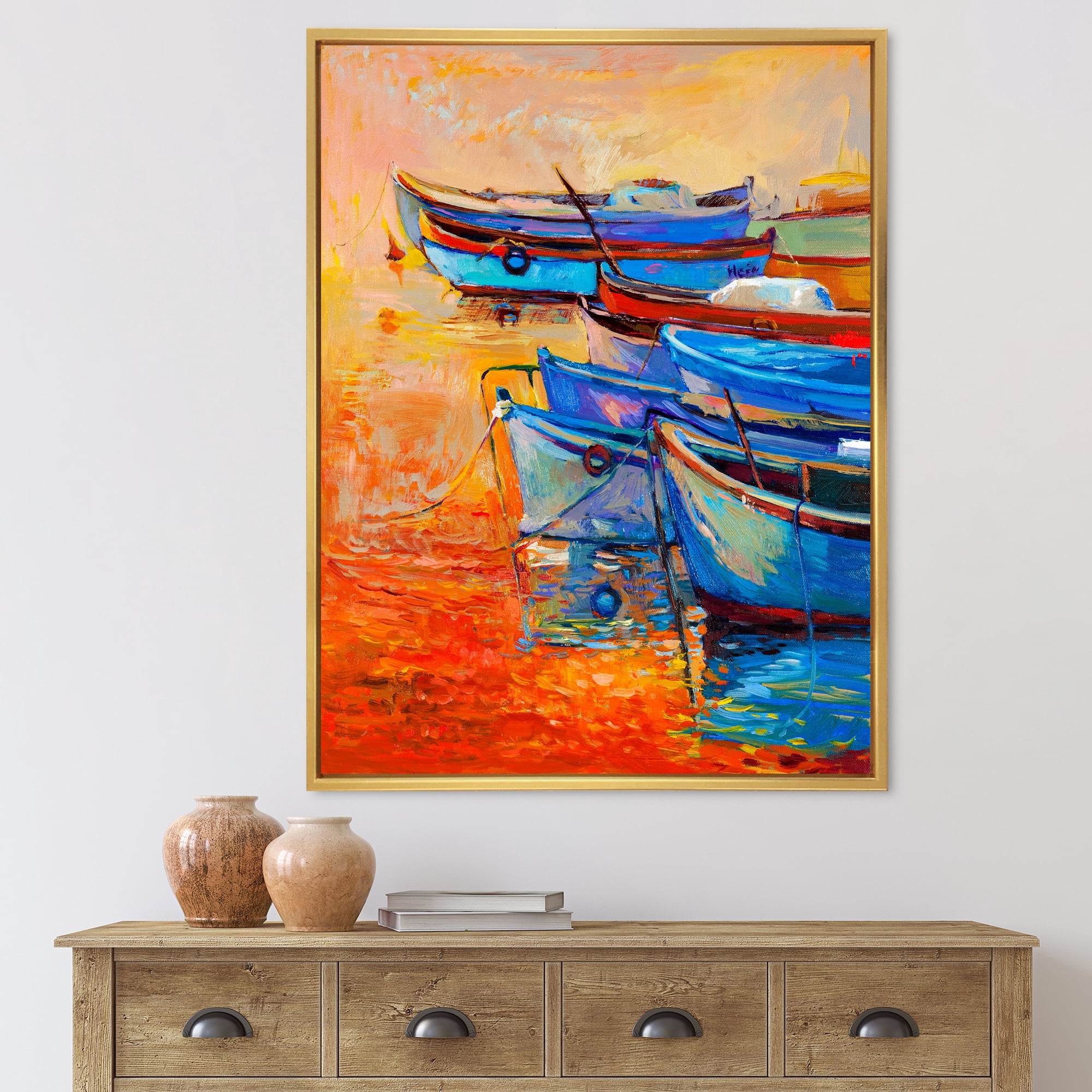 Designart 'Boats During Warm Sunset Resting On The Water VIII' Nautical & Coastal Framed Canvas Wall Art Print