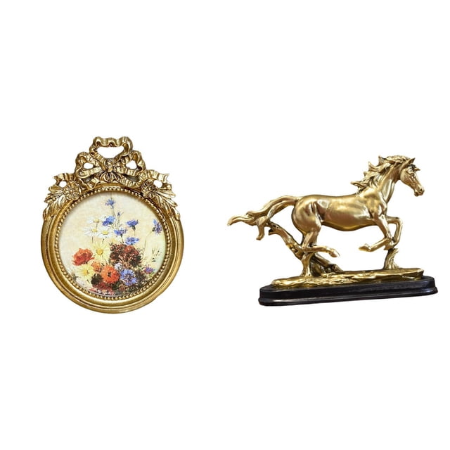 Marco de fotos redondo,Pequeño cuadro vintage dorado para pared,Marco de fotos de resina redondo y decorativo adornado,Figura de caballo,Escultura de caballo en miniatura coleccionable