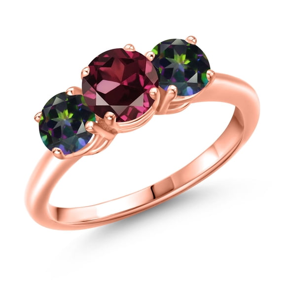 Gem Stone King 18K Rose Gold Plated Silver Red Rhodolite Garnet and Green Mystic Topaz Engagement Ring for Women | 2.10 Cttw | Round 6MM | Gemstone January Birthstone | Size 7