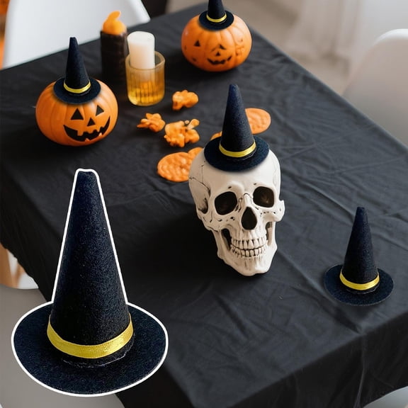 10 Pcs Witch Hat Decor Small Felt Black and Gold Halloween Decor Mini Witch Hat for Halloween Party Decorations Home Office Classroom Tabletop Display