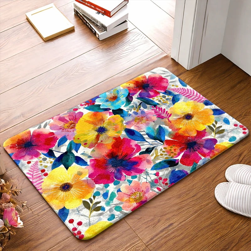Waterproof Non-Slip Rubber Backed Flannel Floor Mat, Colorful Watercolor Floral, Machine Washable, for Indoor Outdoor Living Room Bedroom Kitchen Bathroom Balcony Porch Entryway Doormat Rug