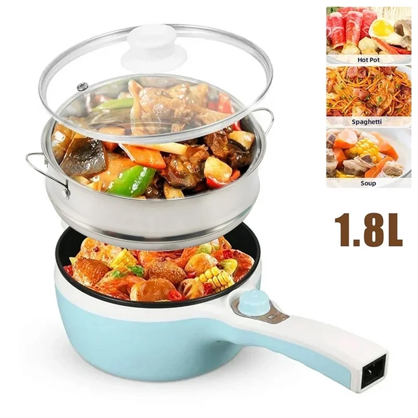1.8L Non-Stick Electric Hot Pot with Steamer, Ramen Cooker with Dual Power Control Mini Hot Pot for Pasta, Dumplings, Soup, Steak, (Rotary Switch) Blue