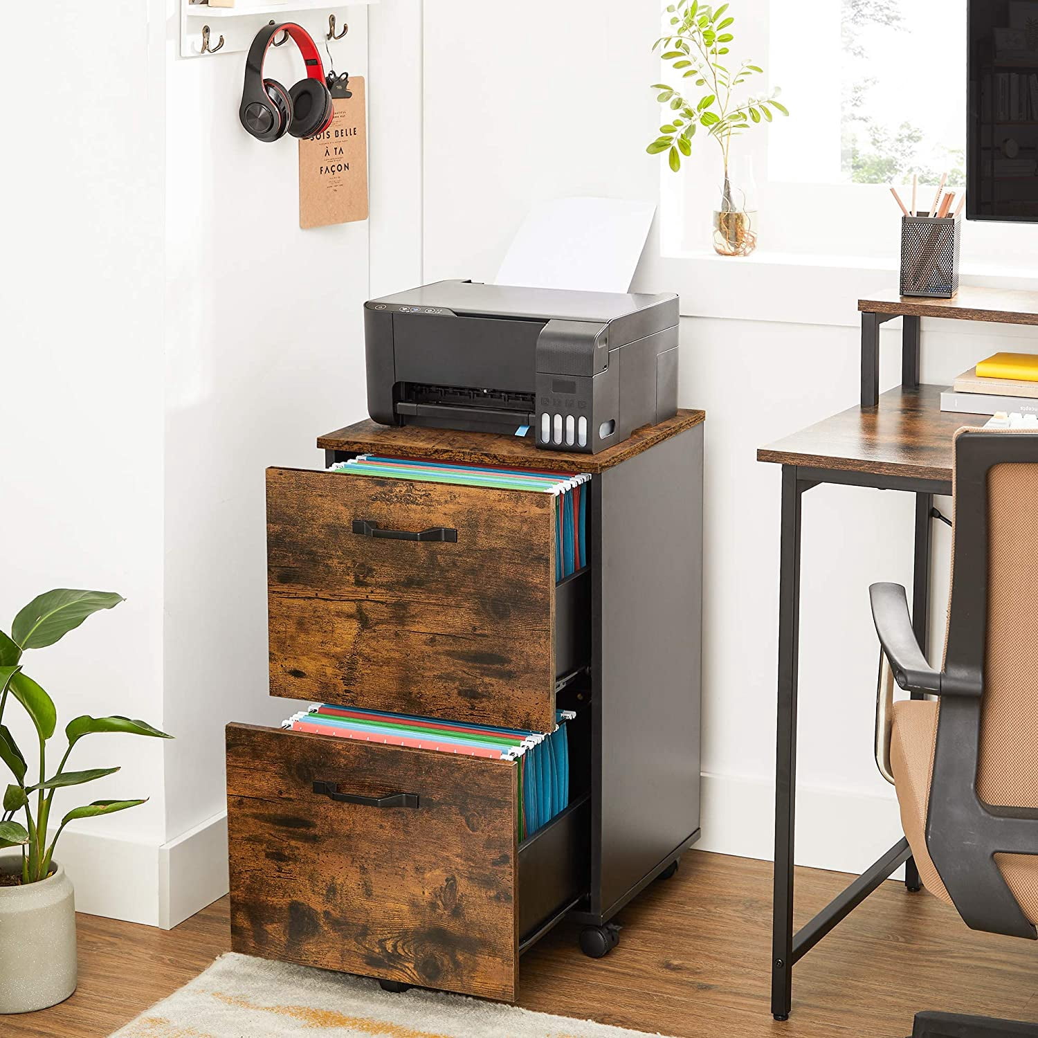 VASAGLE File Cabinet with 2 Drawers, Rolling Office Filing Cabinet, Rustic Brown and Black