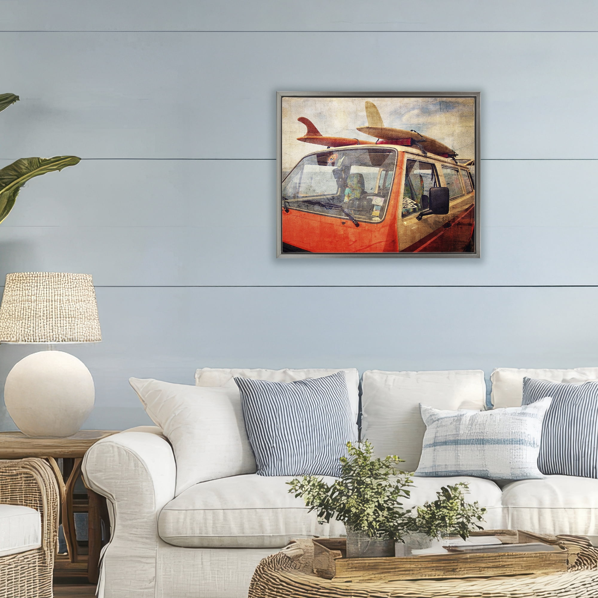 Stupell Industries Surf Bus Vintage Distressed Gray Framed Floater Canvas Wall Art, design by Grotto Studios