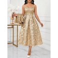 thumbnail image 4 of Women Gold Jacquard Floral 2-Piece Suit Elegant Pleated Midi Dress, 4 of 6