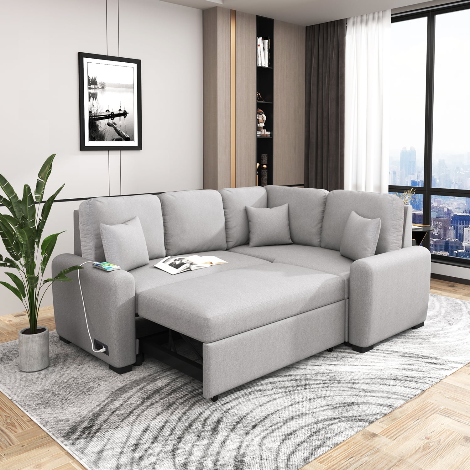 Kadyn 76.7" Sectional Sleeper Sofa, Velvet Pull-Out Sofa Bed with USB Charging Port, 3 Pillows and Plug Outlet, L-Shaped Upholstered Sofa Chaise for Living Room, Grey