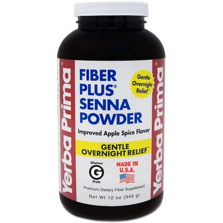 Yerba Prima Fiber Plus Senna Powder, 12 oz - Apple Spice Flavor, Gentle Overnight Relief, Non-GMO, Gluten-Free, Stevia Sweetened, Short-Term Use to Restore Regularity