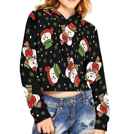 

Renewold Snow Season Hoodies for Teen Girls 9-10 Years Crop Tops Long Sleeve Pullover Sweatshirts Happy Christmas Snowman Print Shirts Warmth Comfortable Clothes Chill School Streets Blouse