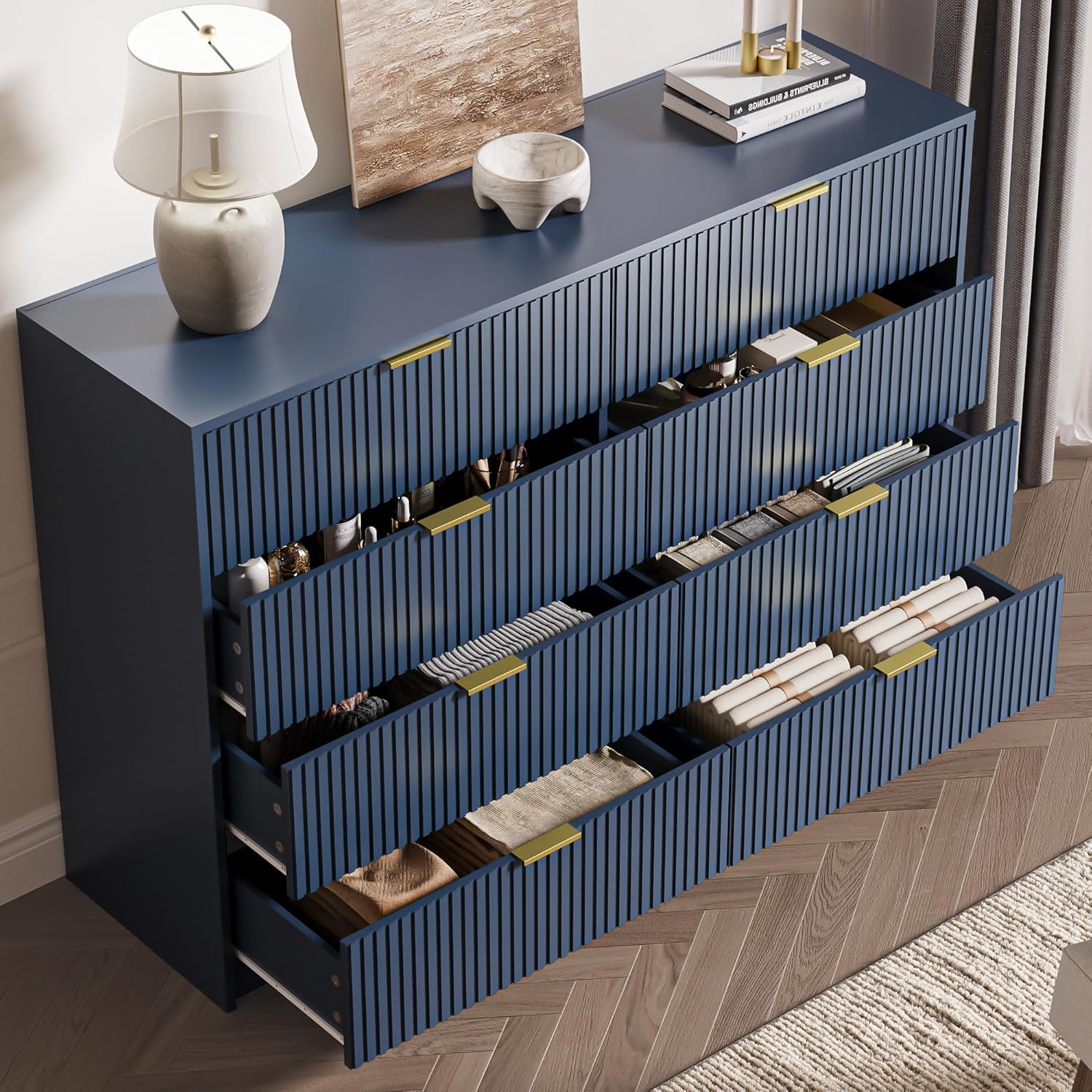 FURNIWAY Blue 8 Drawer Dresser, Fluted Wood Clothes Storage Organizer Cabinet for Bedroom, Modern Chest with Gold Metal Handles, Wide Dresser for Bedroom,Living Room,Hallway