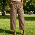 thumbnail image 6 of Women's Straight Leg Capri Pants Elastic Waist Cotton Blend Lounge Khaki Loose Fit Cropped Pants with Pockets Size L, 6 of 7