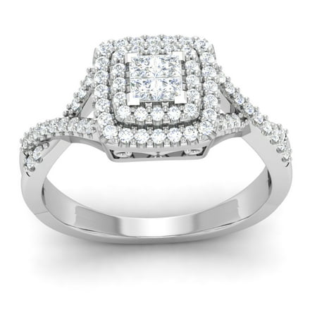 10K White Gold 0.50 Ct Princess Cut Natural Diamond Cushion Frame Engagement Ring I2