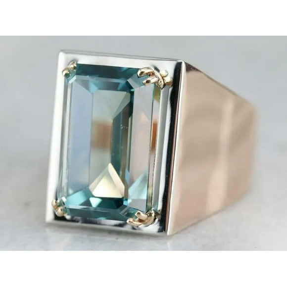 925 Sterling Silver Simple Design Octagon Aquamarine Stone Turkish Men's Ring