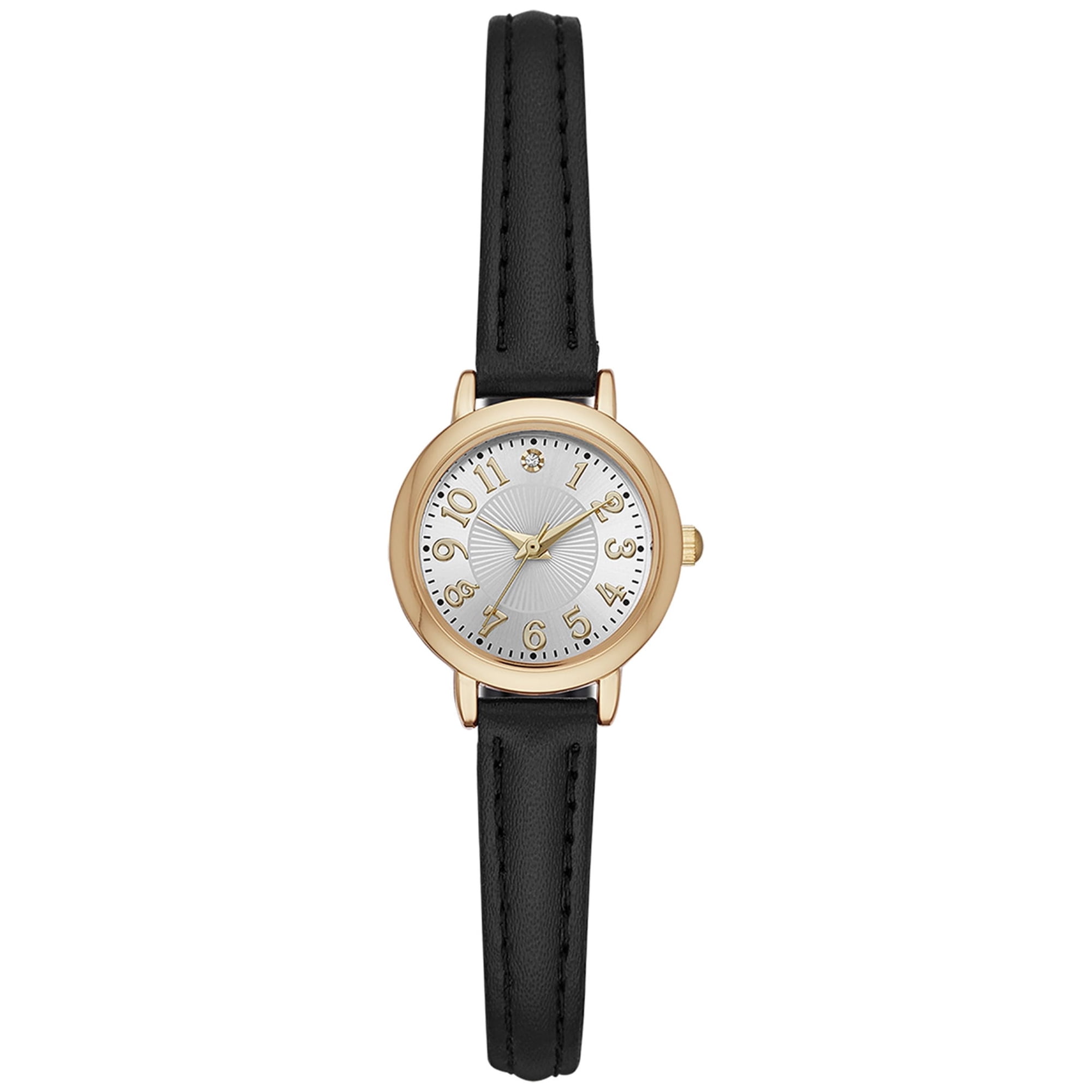 Time and Tru Women's Analog Wristwatch, Gold Tone Round Case, Silver Tone Easy Read Dial, Black Faux Leather Strap (FMDOTT022)