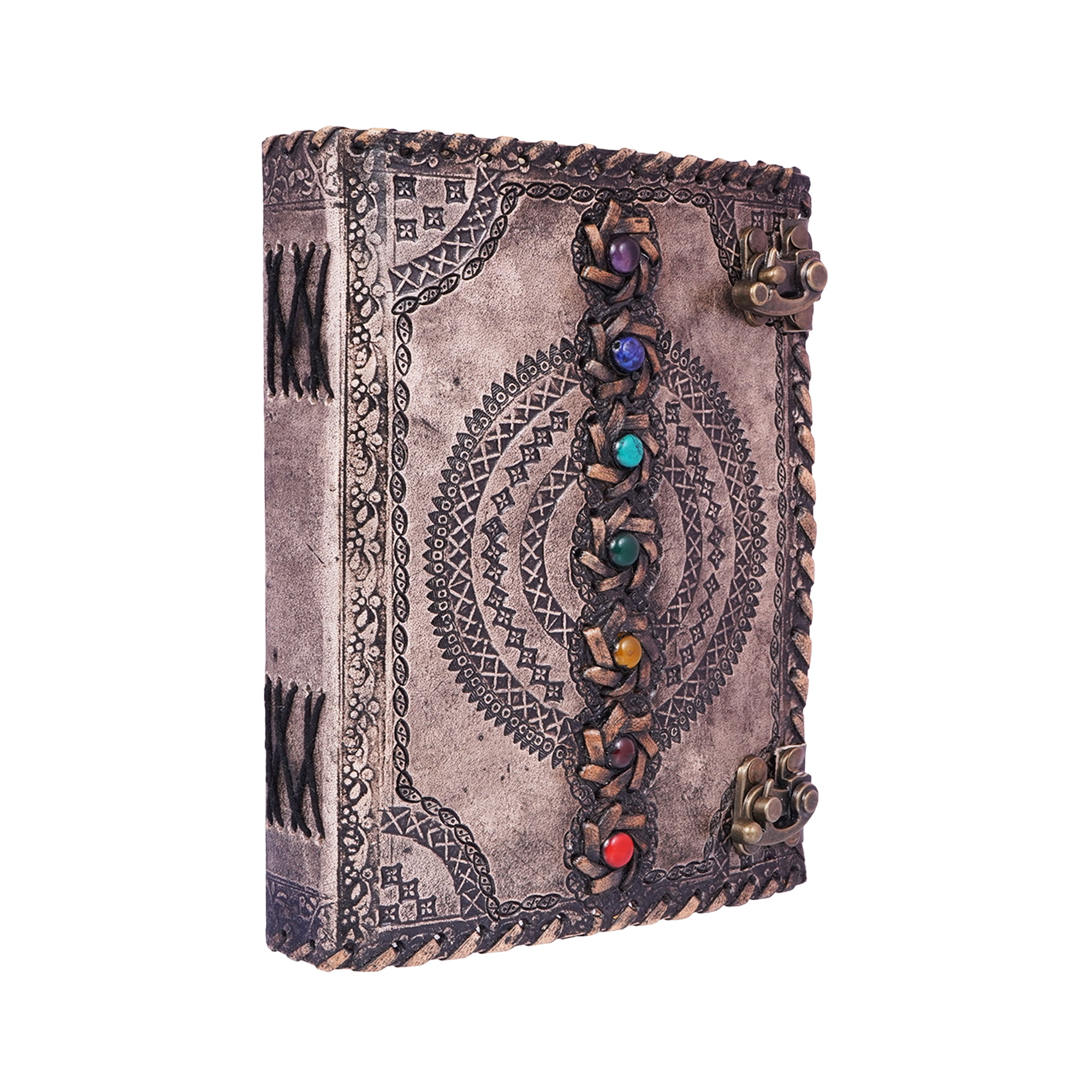 Antique Color Chakra Journal – Handmade 6x8 Embossed Leather Notebook with Seven Chakra Design
