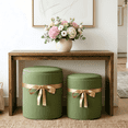thumbnail image 1 of Pinmoco Ensemble de 2 Poufs de Rangement Ronds en Velours Côtelé, Tabouret de Coiffeuse Rembourré avec Ruban Décoratif, Repose-Pieds Empilable pour Salon Chambre Entrée, Vert Olive, 1 of 9