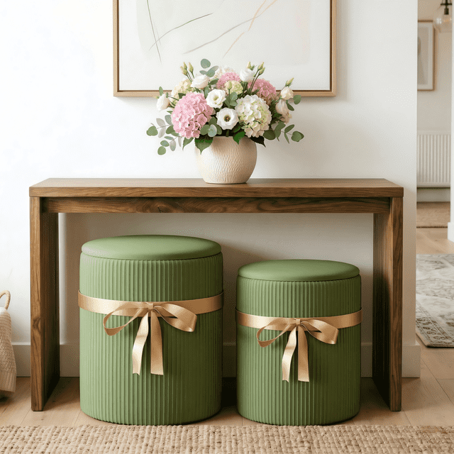 Pinmoco Ensemble de 2 Poufs de Rangement Ronds en Velours Côtelé, Tabouret de Coiffeuse Rembourré avec Ruban Décoratif, Repose-Pieds Empilable pour Salon Chambre Entrée, Vert Olive