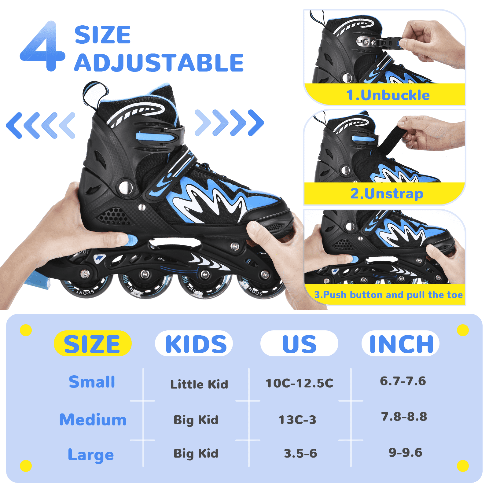 Roller Blades for Boys Girls 4 Sizes Adjustable Inline Skates with Light-Up Wheels for Outdoor Blades Roller Skates M
